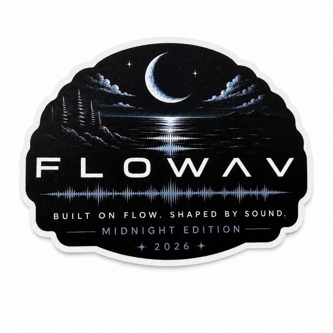 4 inch premium vinyl sticker featuring a moon over a lake or ocean with pine trees, mountains and a soundwave graphic on a white background. Midnight Edition 2026
