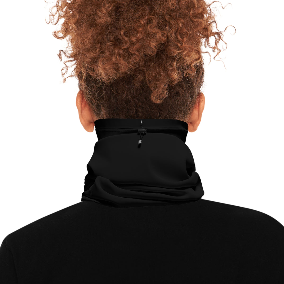 Woman wearing the FLOWAV Winter Neck Gaiter in black showing the back adjustable drawstring