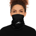 Woman wearing the FLOWAV Neck Gaiter in black showing the front white wave graphic