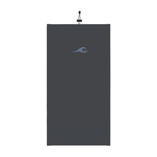 FLOWAV Winter Neck Gaiter in charcoal laid flat showing the front dusty blue wave logo