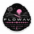 FLOWAV Pink Edition 4-inch die-cut sticker with pink sunset, ocean wave and soundwave design on a black background.
