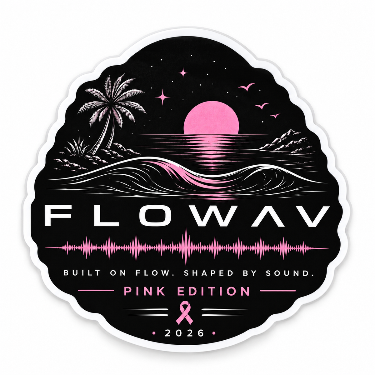 FLOWAV Pink Edition 4-inch die-cut sticker with pink sunset, ocean wave and soundwave design on a black background.