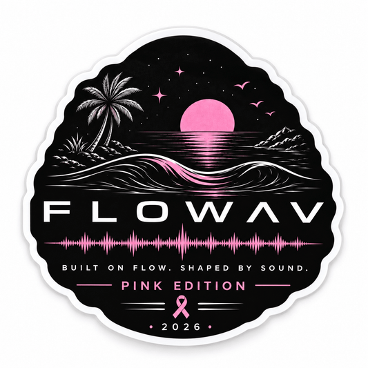 FLOWAV Pink Edition 4-inch die-cut sticker with pink sunset, ocean wave and soundwave design on a black background.