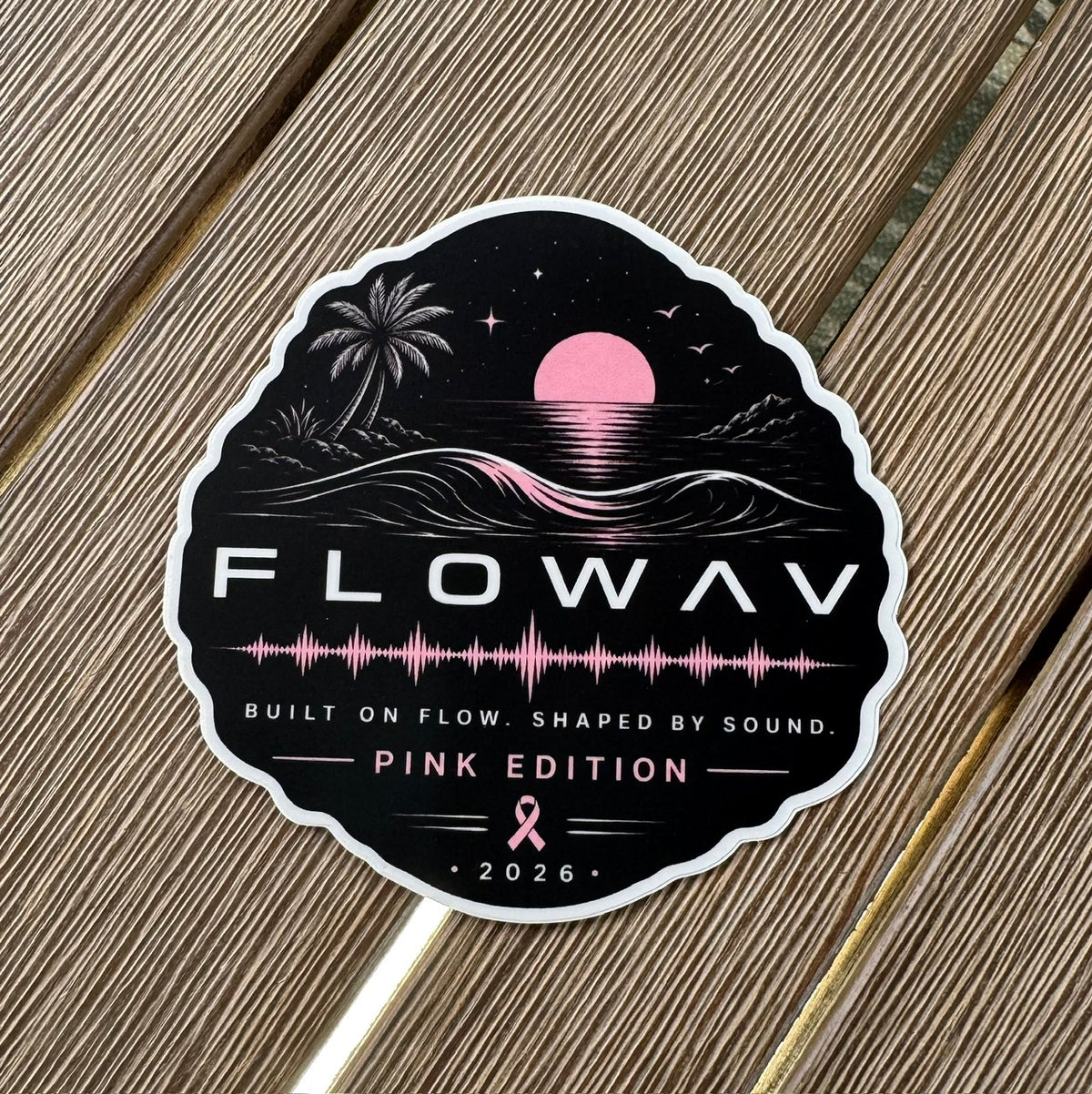 FLOWAV Pink Edition sticker with a pink sunset, palm trees, and rolling ocean waves with a soundwave underneath.