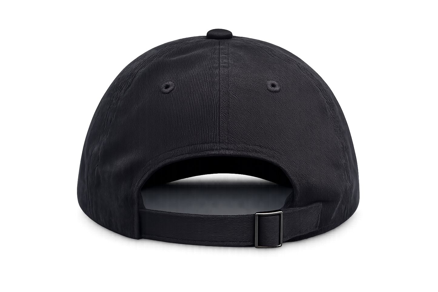 Rear view of the FLOWAV Richardson R55 classic black baseball hat with adjustable fabric strap and metal buckle