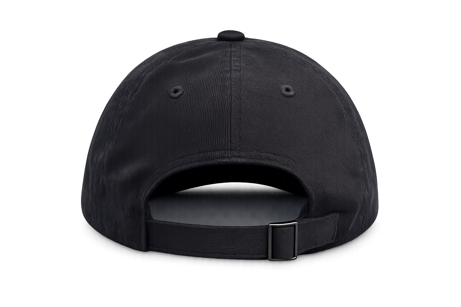 Rear view of the FLOWAV Richardson R55 classic black baseball hat with adjustable fabric strap and metal buckle