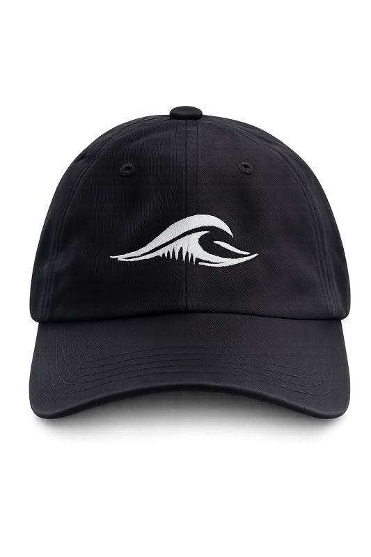 FLOWAV Richardson R55 classic baseball hat in black with cream embroidered wave logo, front view