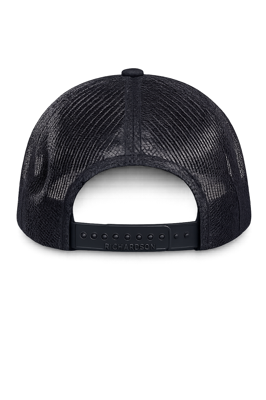 Rear view of a charcoal FLOWAV Richardson 112 trucker hat with black mesh and adjustable snapback.