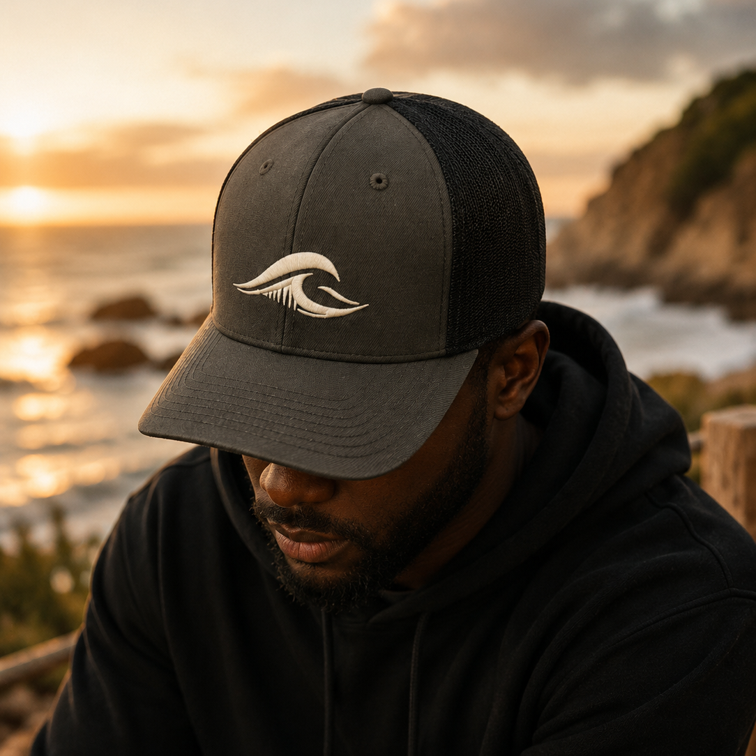 Man wearing a charcoal FLOWAV Richardson 112 Trucker Hat with cream wave logo overlooking the ocean at sunset.