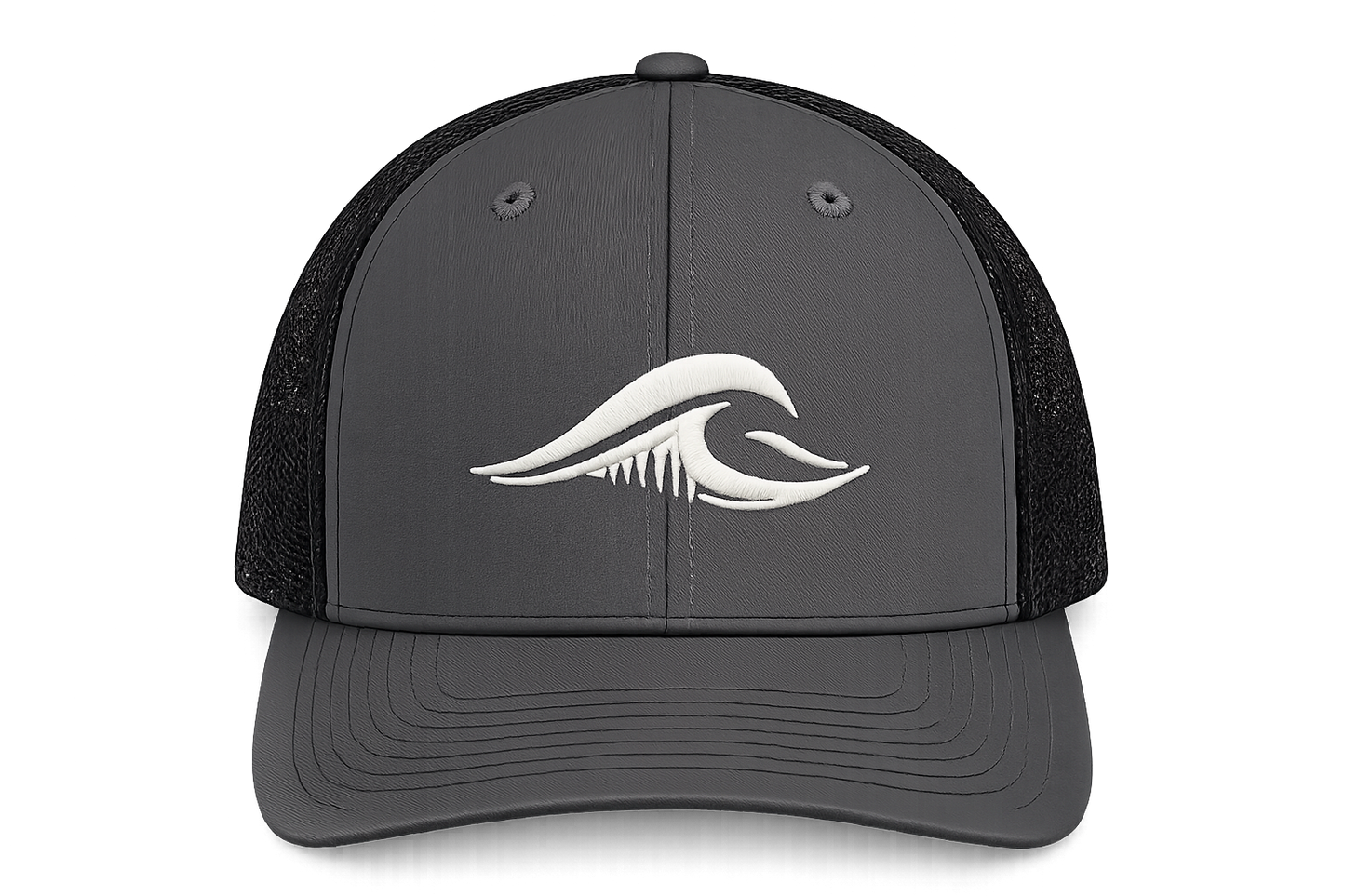 Front view of the charcoal FLOWAV Richardson 112 Trucker Hat with embroidered cream wave logo.