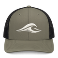 Front view of the loden and black FLOWAV Richardson 112 Trucker Hat with embroidered cream wave logo.