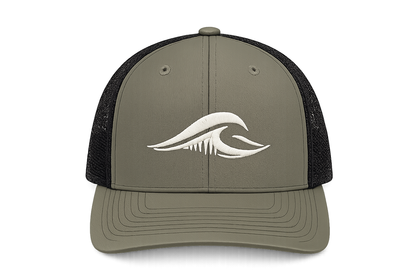 Front view of the loden and black FLOWAV Richardson 112 Trucker Hat with embroidered cream wave logo.