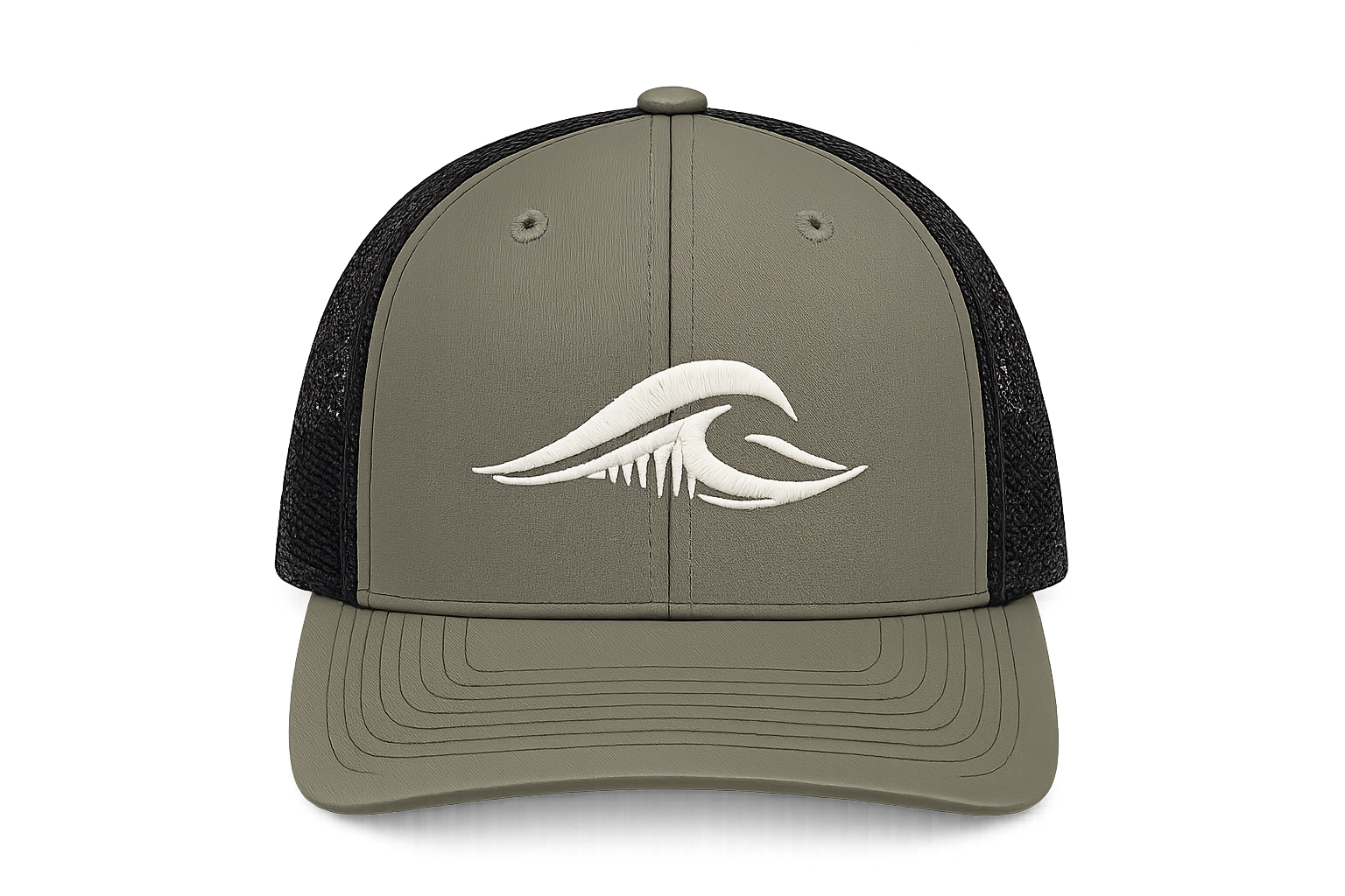 Front view of the loden and black FLOWAV Richardson 112 Trucker Hat with embroidered cream wave logo.