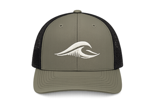 Front view of the loden and black FLOWAV Richardson 112 Trucker Hat with embroidered cream wave logo.