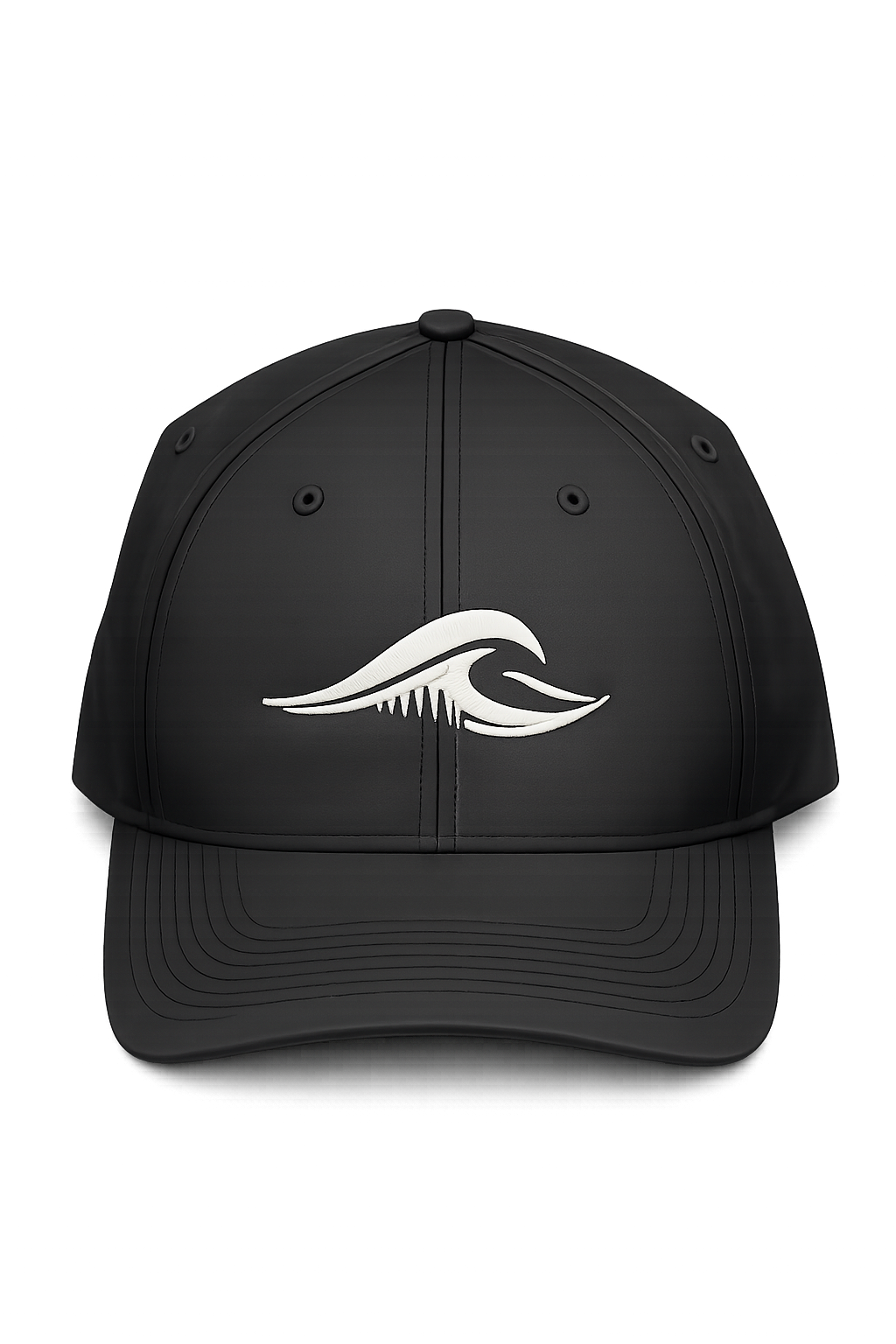 Front view of the black FLOWAV Richardson R225 Performance Hat with embroidered cream wave logo