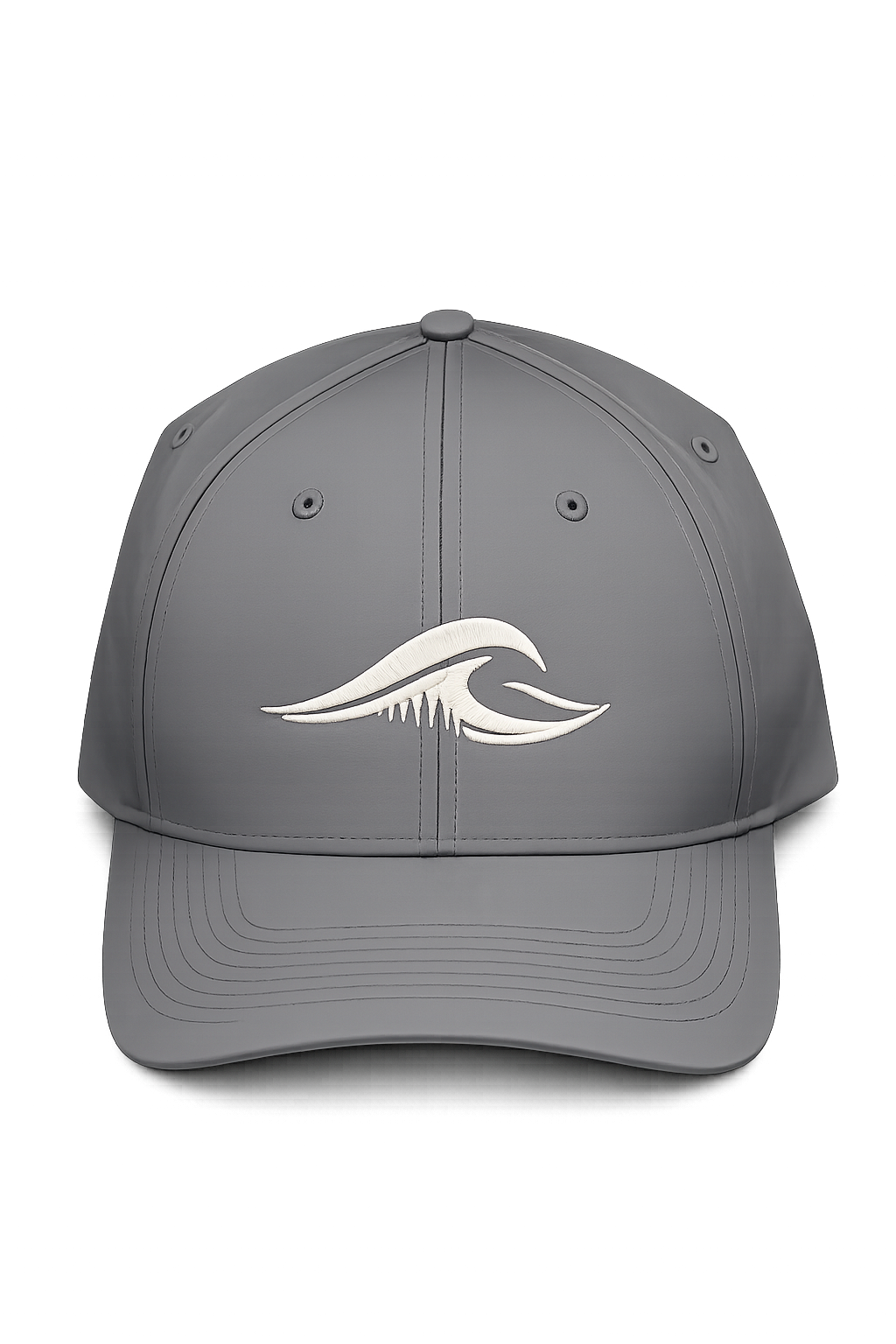 Front view of the charcoal FLOWAV Richardson R225 Performance Hat with embroidered cream wave logo