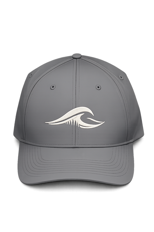 Front view of the charcoal FLOWAV Richardson R225 Performance Hat with embroidered cream wave logo