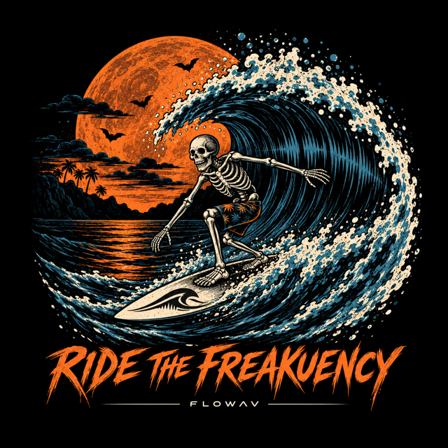 FLOWAV Ride the Freakuency graphic in Black and True Navy showing a skeleton surfing a wave with an orange moon and bats.