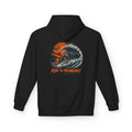 FLOWAV Ride the Freakuency Hoodie in black showing the back graphic of a skeleton surfing a wave and an orange moon.