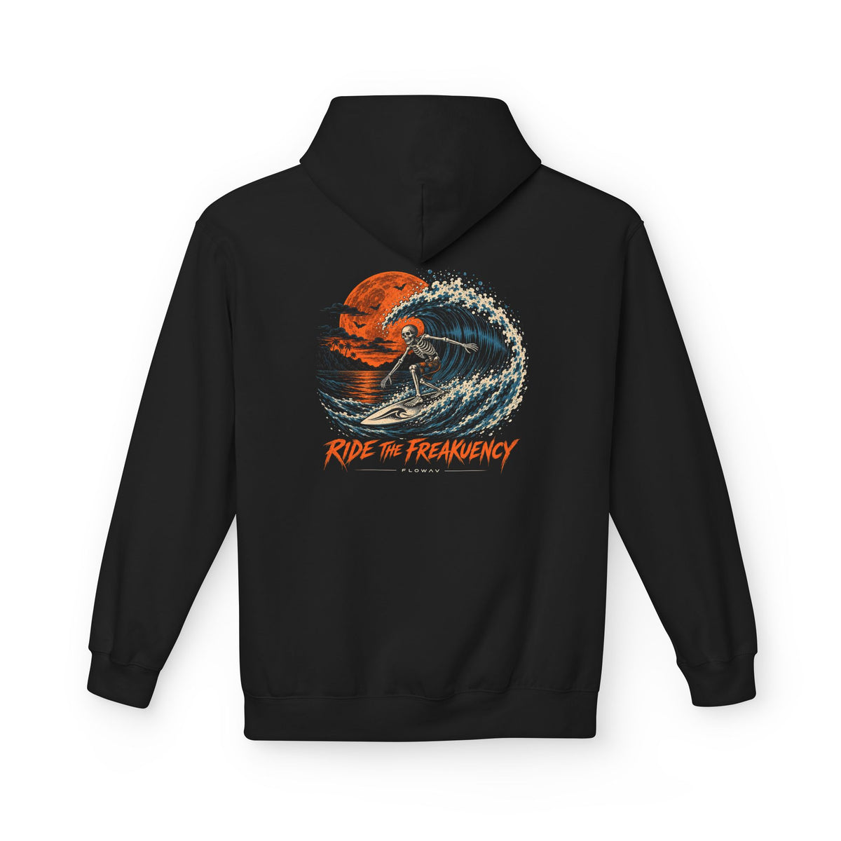 FLOWAV Ride the Freakuency Hoodie in black showing the back graphic of a skeleton surfing a wave and an orange moon.