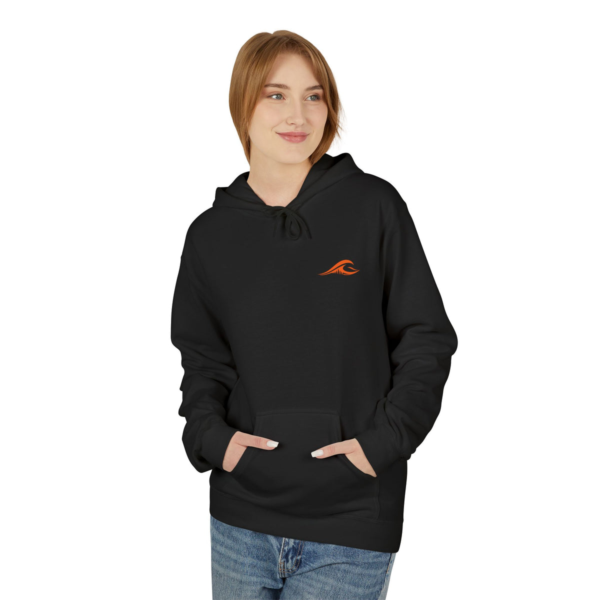 A woman wearing the FLOWAV Ride the Freakuency Hoodie in Black showing the front orange wave logo on the chest.