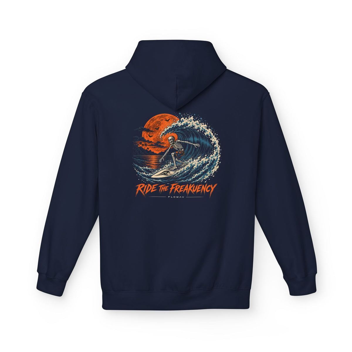 FLOWAV Ride the Freakuency Hoodie in navy showing the back skeleton surfing a wave graphic with an orange moon.