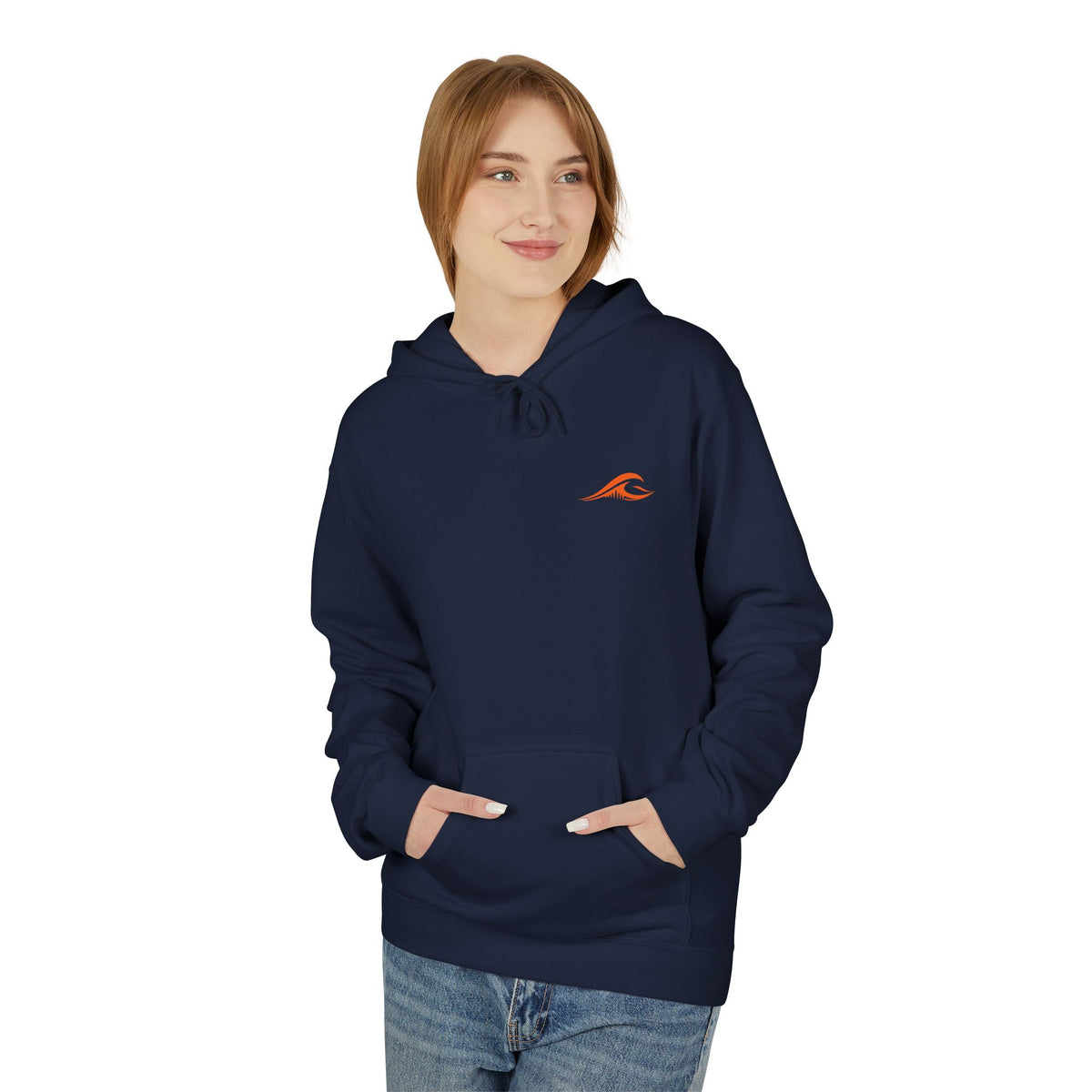 A woman wearing the FLOWAV Ride the Freakuency Hoodie in navy showing the front orange wave graphic on the chest.