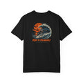 FLOWAV Ride the Freakuency Graphic Tee in Black showing the back graphic with a skeleton surfer and orange moon
