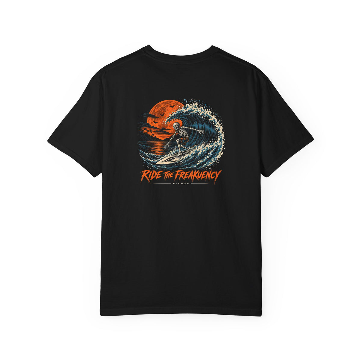 FLOWAV Ride the Freakuency Graphic Tee in Black showing the back graphic with a skeleton surfer and orange moon