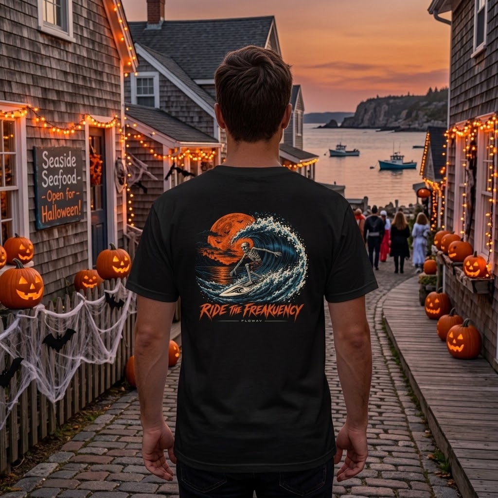 A man wearing the FLOWAV Ride the Frequency Graphic Tee in black in a coastal Halloween town showing the skeleton surfing