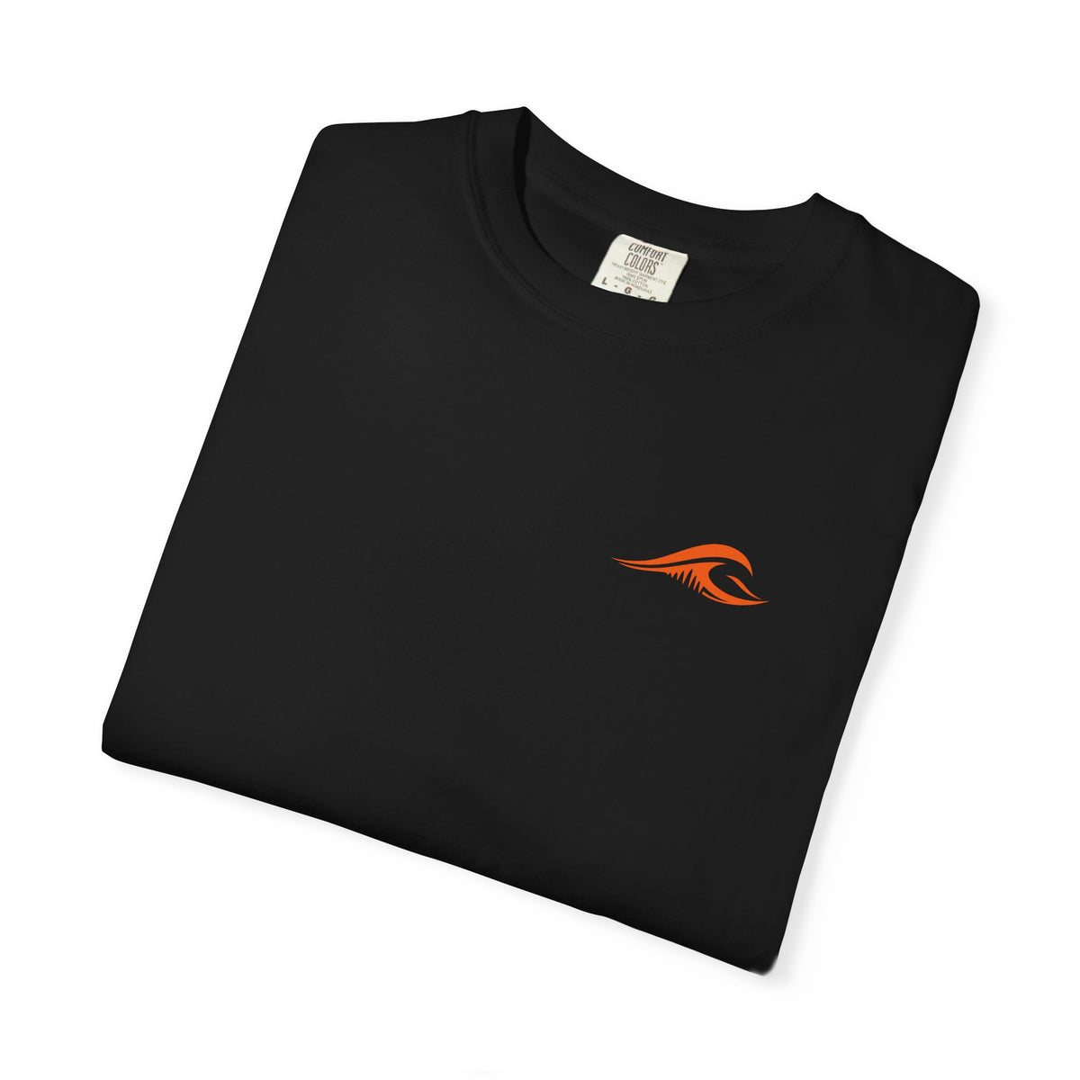 FLOWAV Ride the Freakuency Graphic Tee folded in black showing the orange wave logo.
