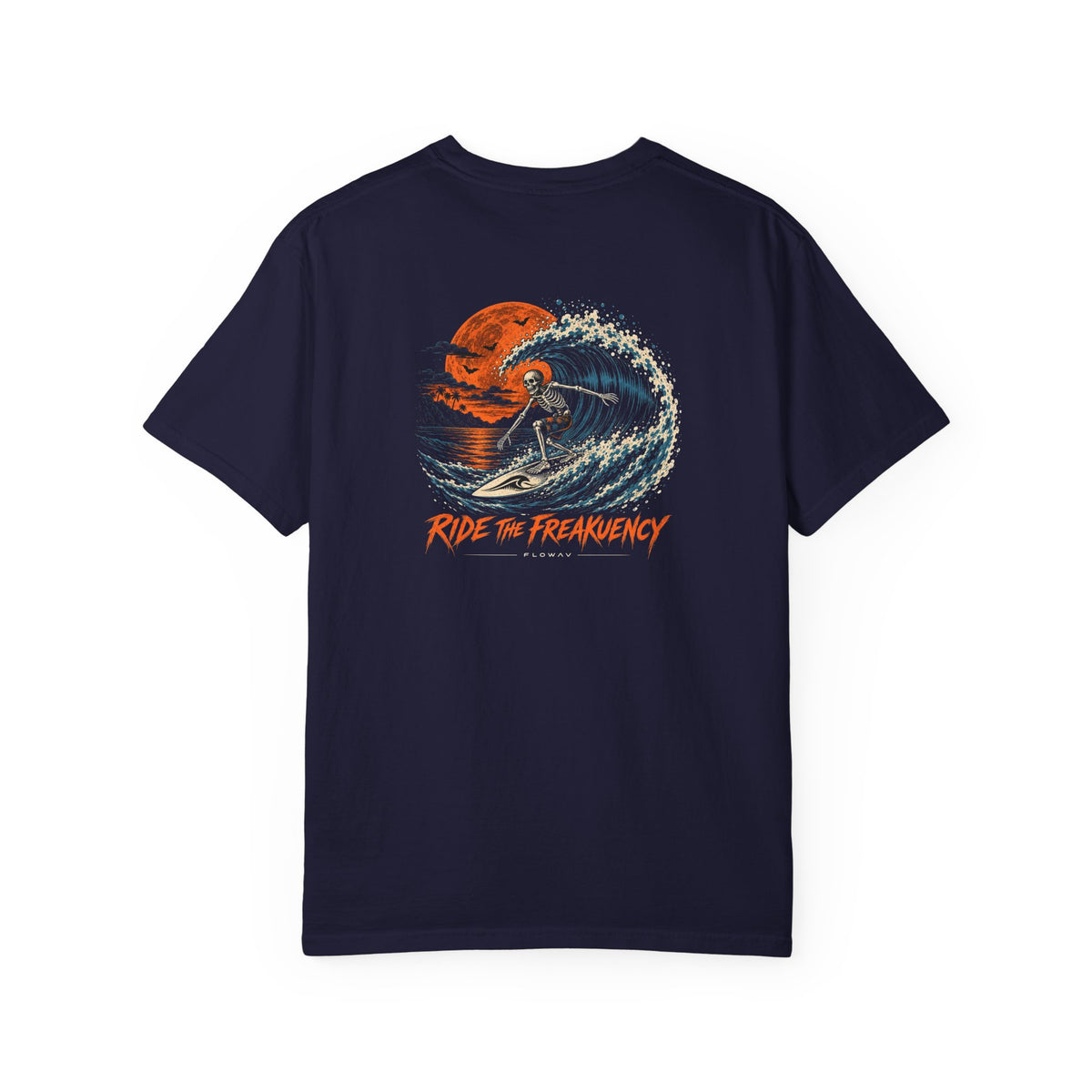 FLOWAV Ride the Freakuency Graphic Tee in True Navy showing the back graphic with a skeleton surfer and orange moon.