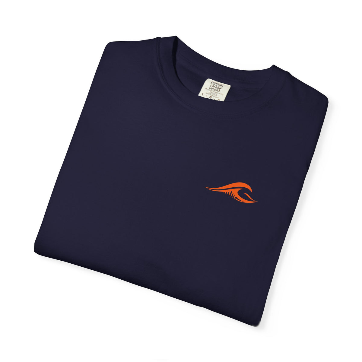 FLOWAV Ride the Freakuency Graphic Tee in True Navy folded showing the orange wave logo