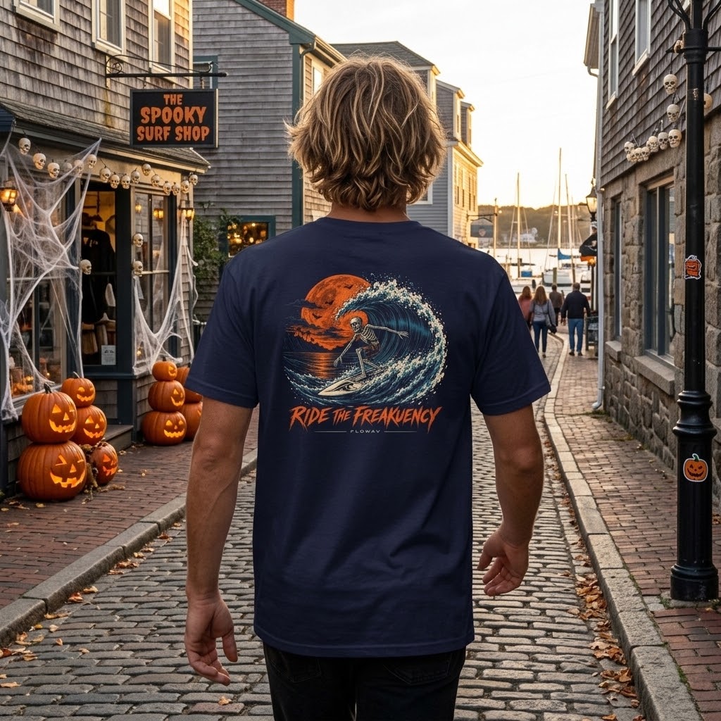 A man wearing the FLOWAV Ride the Freakuency Graphic Tee in True Navy in a coastal Halloween town showing the skeleton surfer
