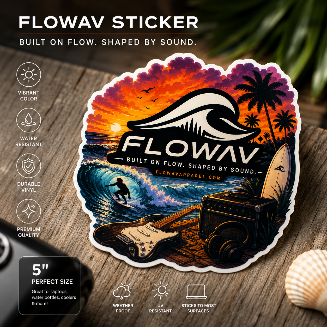 FLOWAV Sunset Sticker nature background with features and dimensions listed on it