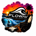 FLOWAV Sunset Sticker featuring ocean waves, palm trees, a surfboard, guitar, and coastal music-inspired artwork.