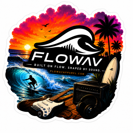 FLOWAV Sunset Sticker featuring ocean waves, palm trees, a surfboard, guitar, and coastal music-inspired artwork.