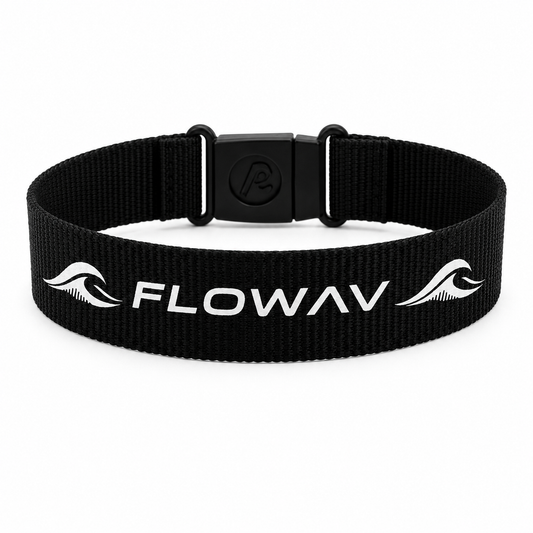 A FLOWAV polyester wristband with a textured nylon strap, featuring the brand name 'FLOWAV' and wave graphic in white, secured with a black break-away buckle.