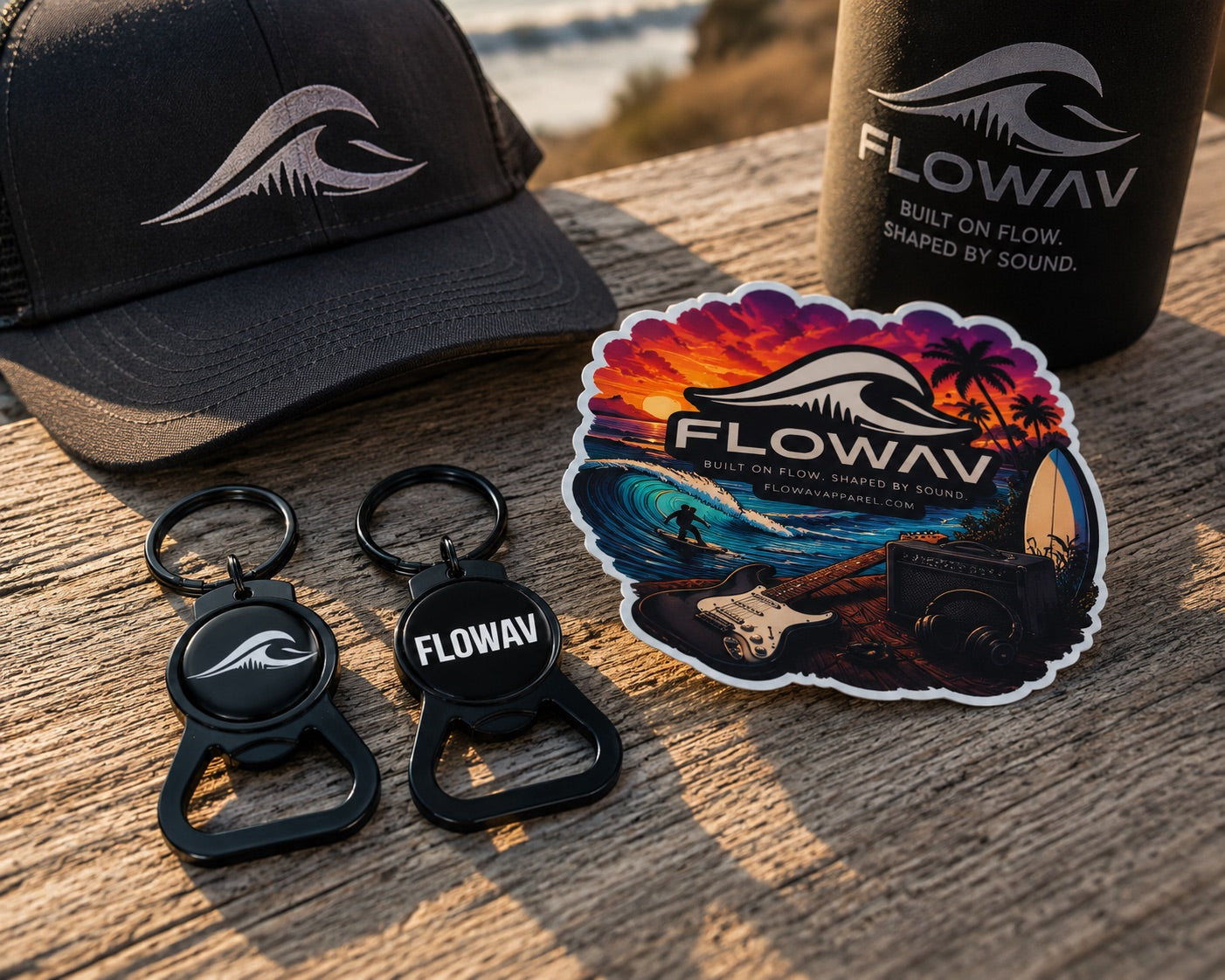 FLOWAV bottle opener keychain with FLOWAV hat and sticker in a coastal lifestyle setting
